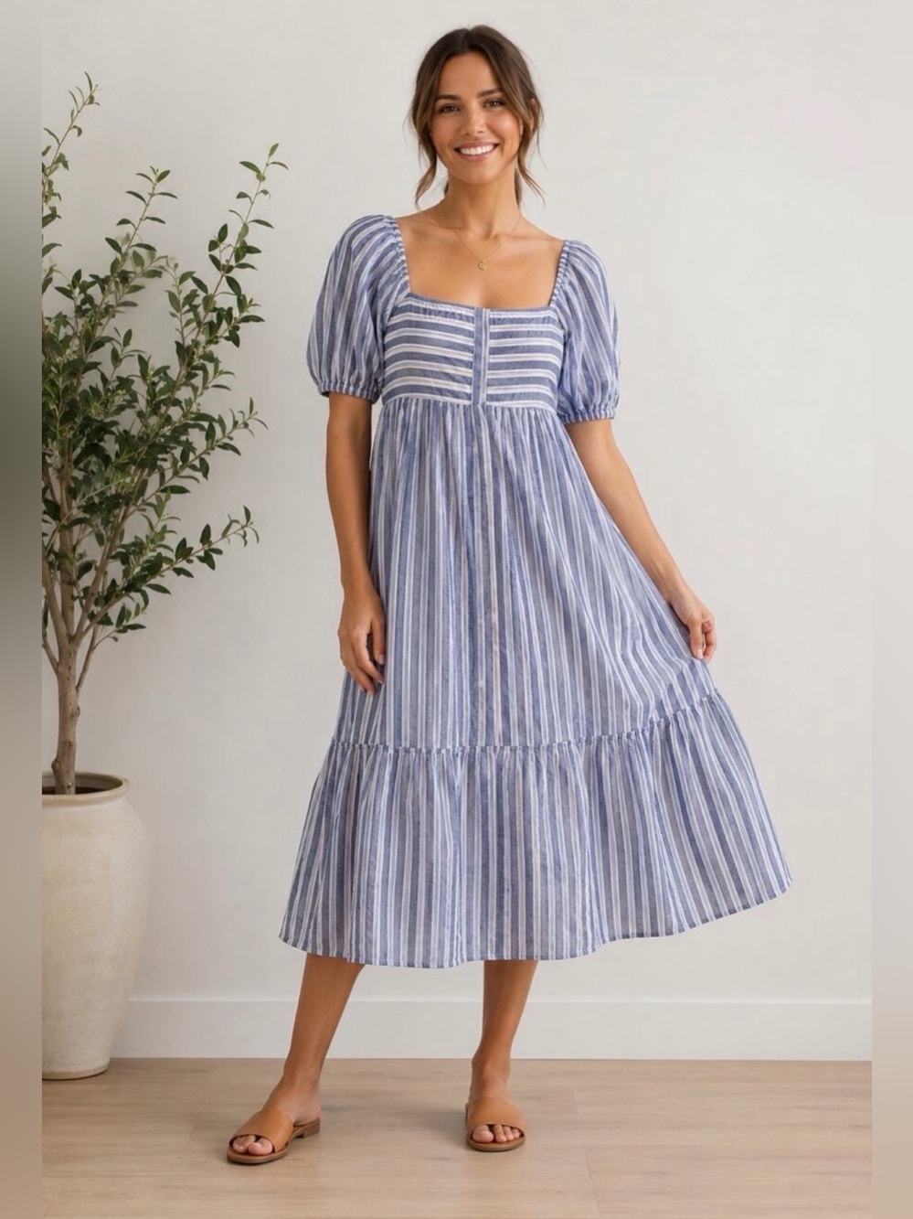 Love Tomas Emerson Fry blue white Striped Santiago Maxi Dress Smocked NWT M/L